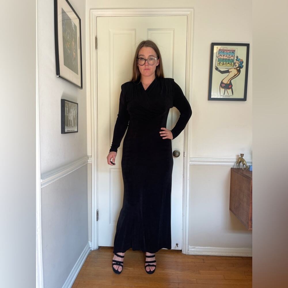 90s Vintage Slinky Black Stretch Long Sleeve Maxi Dress - Picture 3 of 14